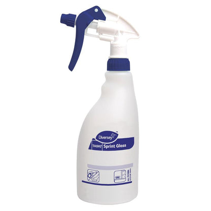 A white plastic spray bottle with a blue trigger and the inscription “Diversey Deutschland GmbH & Co. OHG TASKI Sprint Glass glass and surface cleaner” ensures streak-free cleanliness and displays cleaning instructions for glass surfaces.