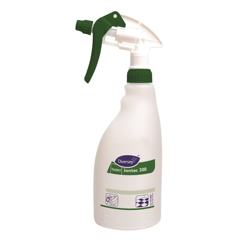 A white trigger spray bottle Jontec 300 with a green spray head from Diversey Deutschland GmbH & Co. OHG, with green and purple labels and pictograms; suitable as a refill bottle (1 piece).