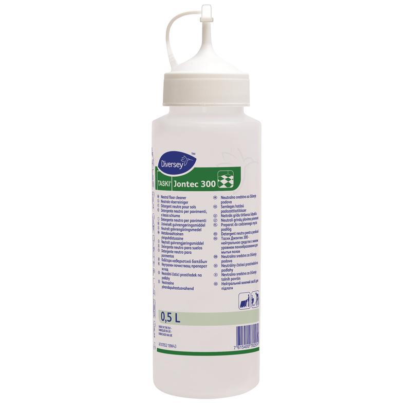 A 0.5-liter dosing bottle of Jontec 300 made of white plastic from Diversey Deutschland GmbH & Co. OHG with ergonomic design, pointed dosing cap, and multilingual product information on the front.