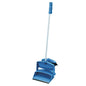 The Diversey dustpan set in blue consists of a plastic dustpan with a long white handle and a matching blue broom with black bristles, both designed for upright storage and easy cleaning of dust and dirt.