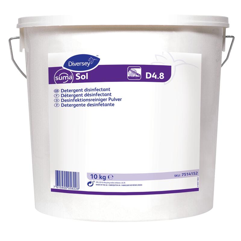 A white 10 kg plastic bucket labeled "Suma Sol D4.8, Disinfectant" from Diversey Deutschland GmbH & Co. OHG features multilingual text, a metal handle, and a barcode in the lower label area.