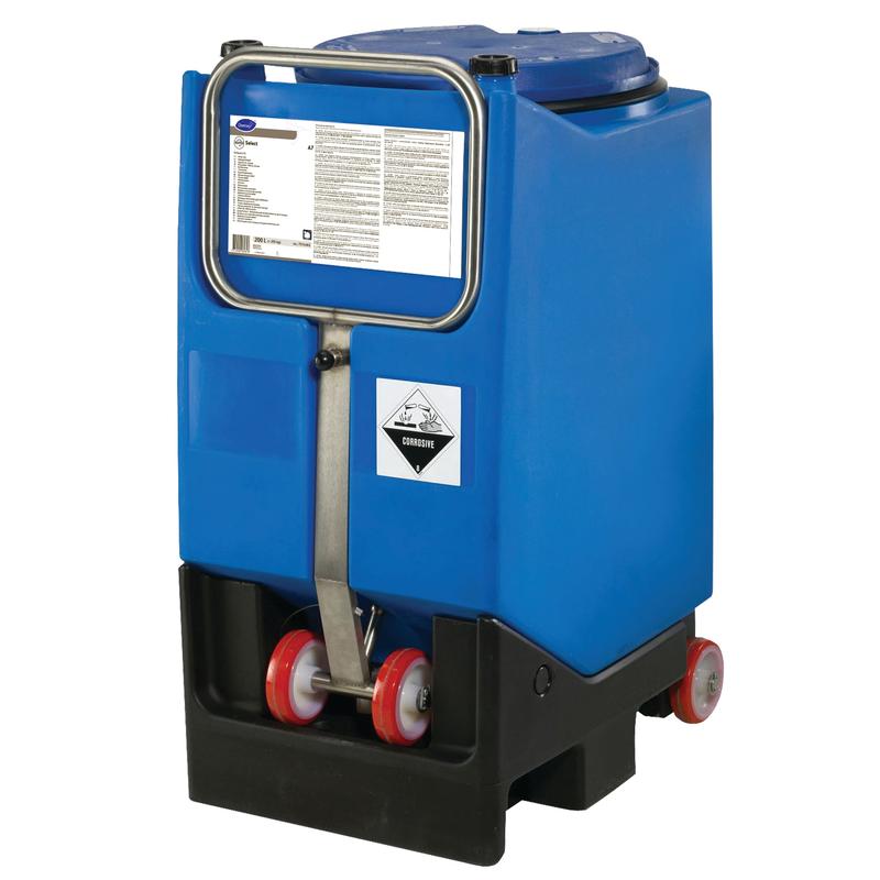 Suma Select A7 – Neutral Rinse Aid from Diversey Deutschland GmbH & Co. OHG is delivered in a large blue container with a secure lid, red and white wheels, labeled for commercial dishwashers, reduces lime deposits, and features a corrosive hazard sign.