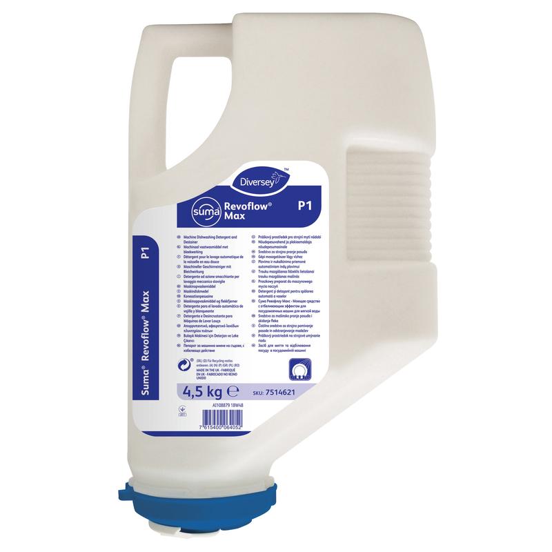 A white plastic 4.5 kg Suma Revoflow Max P1 chlorine-containing cleaner cartridge from Diversey Deutschland GmbH & Co. OHG, with a blue label, blue dispenser cap, and left handle; for soft to moderately hard water.