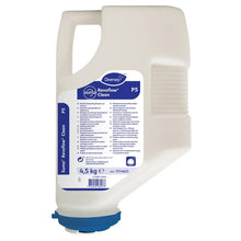 A white plastic cartridge with 4.5 kg of Diversey Suma Revoflow Clean P5, a chlorine-containing cleaner for hard water from Diversey Deutschland GmbH & Co. OHG, with a blue lid and handle and a multilingual label.
