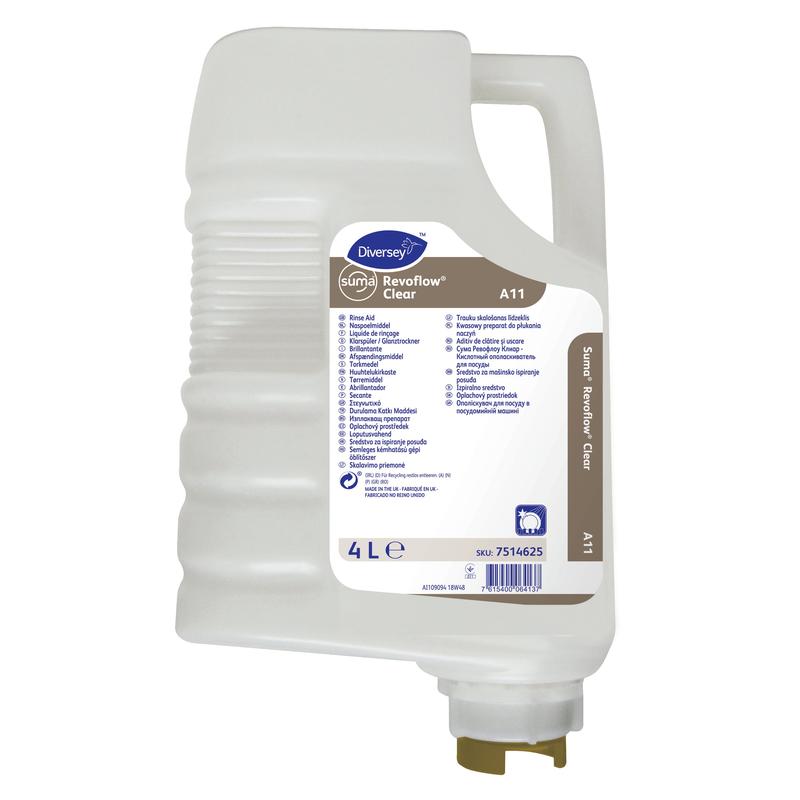 A 4-liter cartridge made of white plastic from Suma Revoflow Clear A11, acidic rinse aid by Diversey Deutschland GmbH & Co. OHG, with a handle, spout, and a label with purpose, instructions for use, and safety information in blue and purple lettering.