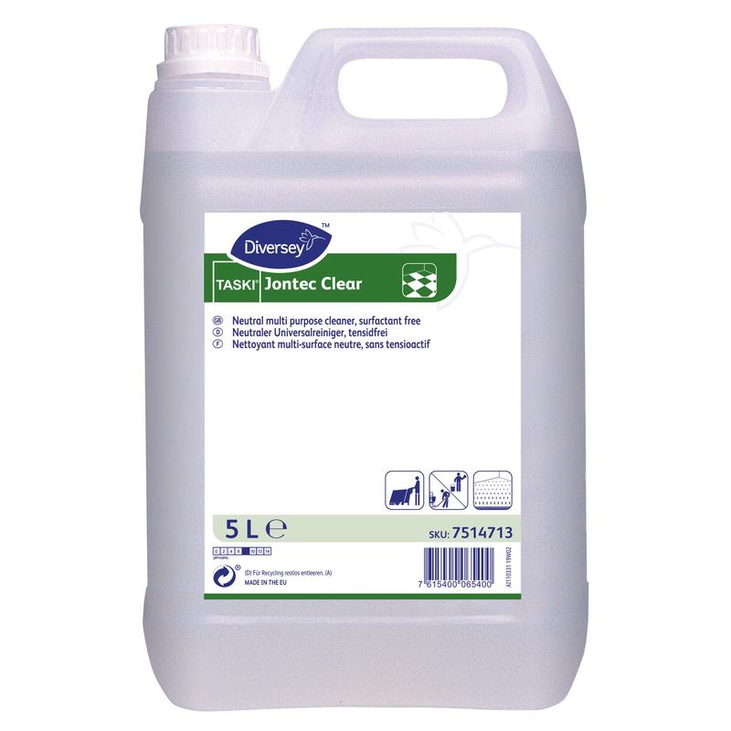 A 5-liter plastic container with TASKI Jontec Clear cleaner for hard floors from Diversey Deutschland GmbH & Co. OHG, pH-neutral. The translucent container features a white cap, a white carrying handle, and a blue-green-white label.