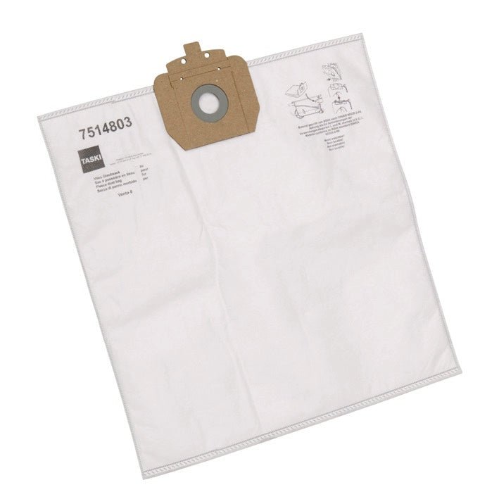 The fleece dust bag Vento 8 from Diversey Deutschland GmbH & Co. OHG is a white vacuum cleaner bag with a cardboard collar and circular opening, printed with text and illustrations on the front, and made of highly efficient materials for optimal dust collection.