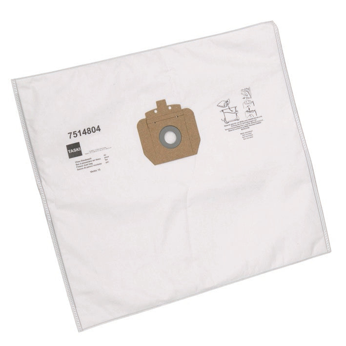 The Diversey fleece vacuum bag Vento 15 for TASKI Vento 15S (carton, 10 packs) is a white, rectangular vacuum cleaner bag with a brown collar, round opening, printed details, and ensures effective protection against dust.