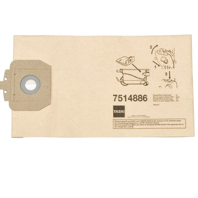 A rectangular brown double filter paper bag for TASKI vento 8 / baby bora by Diversey Deutschland GmbH & Co. OHG, with a left cardboard collar and black printed instructions and product numbers on the right side; pack of 10.