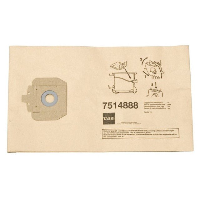 The double-filter paper bag 15 l from Diversey Deutschland GmbH & Co. OHG (pack of 10), for TASKI Vento 15S, features double filtration and is delivered in a rectangular bag with illustrated installation instructions, labeled "TASKI 7514888".