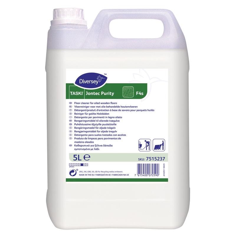 The 5-liter TASKI Jontec Purity soap cleaner for oiled wooden floors from Diversey Deutschland GmbH & Co. OHG is delivered in a canister with a white label featuring instructions and symbols, as well as a secure white screw cap.