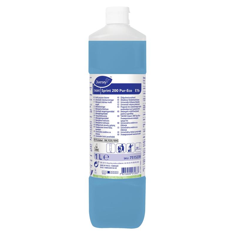 A 1-liter plastic bottle of TASKI Sprint 200 Pur-Eco alcohol cleaner from Diversey Deutschland GmbH & Co. OHG with blue liquid, white cap, and white label with product details and instructions in multiple languages.