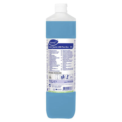 A 1-liter plastic bottle of TASKI Sprint 200 Pur-Eco alcohol cleaner from Diversey Deutschland GmbH & Co. OHG with blue liquid, white cap, and white label with product details and instructions in multiple languages.