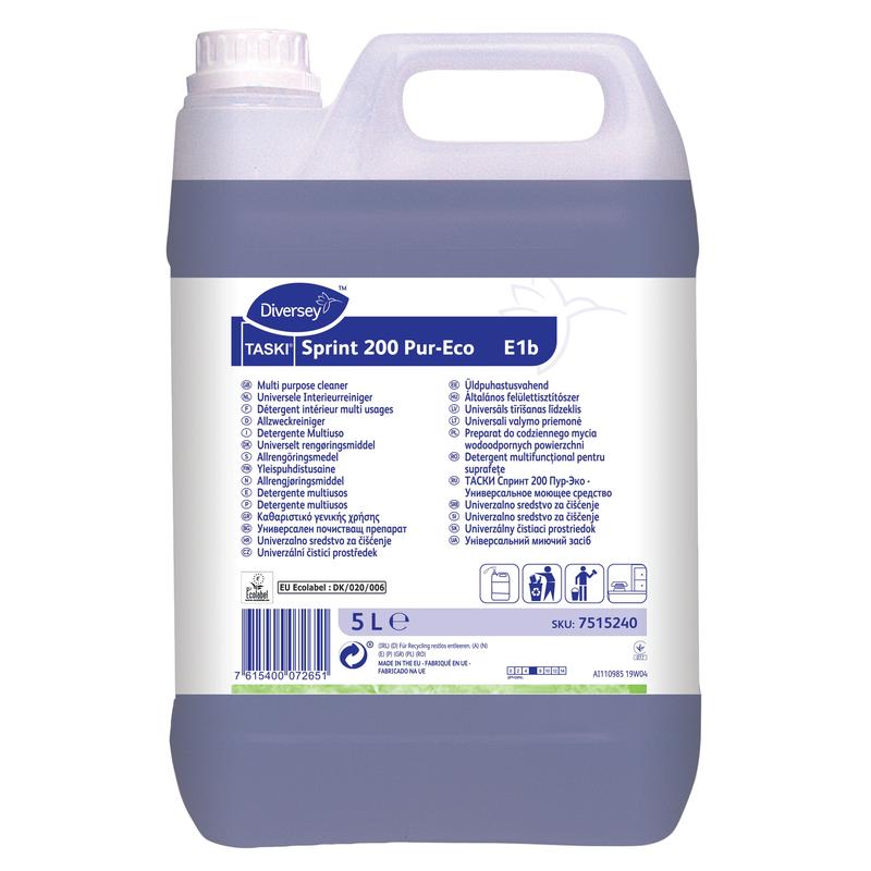 A 5-liter plastic container of TASKI Sprint 200 Pur-Eco alcohol cleaner from Diversey Deutschland GmbH & Co. OHG with purple liquid and white label with multilingual instructions - an effective cleaner for thorough cleaning.