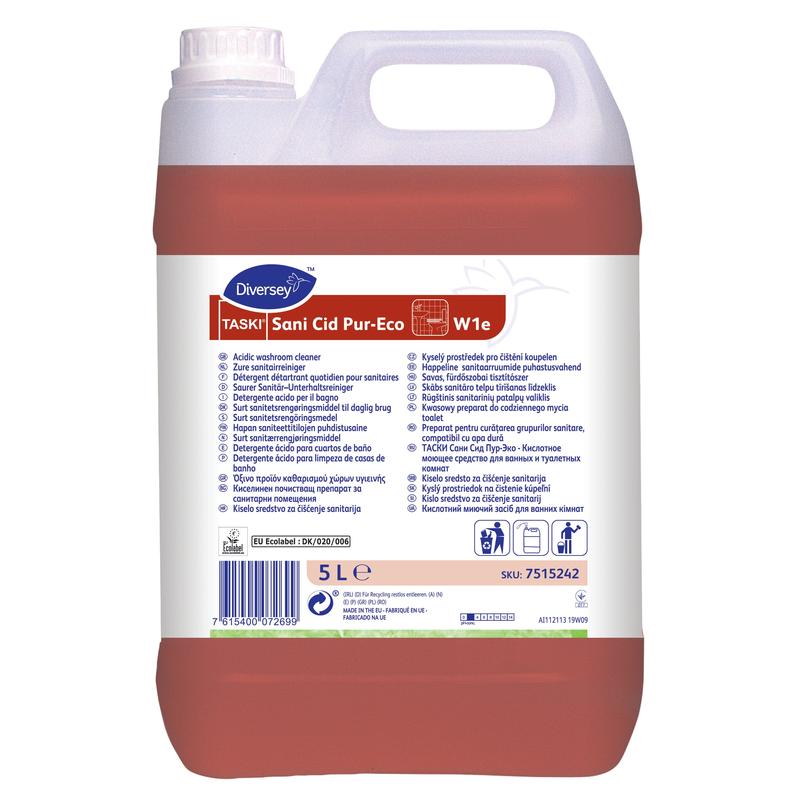 A 5L canister of TASKI Sani Cid Pur-Eco sanitary maintenance cleaner from Diversey Germany, with natural citric acid, white handle/lid, multilingual label, red liquid, and EU environmental certification.