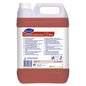 A 5L canister of TASKI Sani Cid Pur-Eco sanitary maintenance cleaner from Diversey Germany, with natural citric acid, white handle/lid, multilingual label, red liquid, and EU environmental certification.