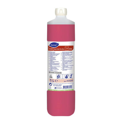 A 1-liter bottle of Diversey TASKI Sani Calc Pur-Eco sanitary cleaner from Diversey Deutschland GmbH & Co. OHG, with a white cap, pink liquid, and white label with product information and pictograms for effective limescale removal.