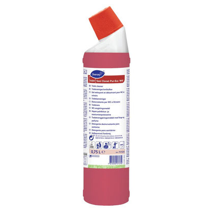The red bottle TASKI Sani Clonet Pur-Eco toilet cleaner from Diversey Deutschland GmbH & Co. OHG with a white-red angled closure holds 0.75 liters. The label contains multilingual information. The environmentally friendly formula ensures hygienic cleanliness.