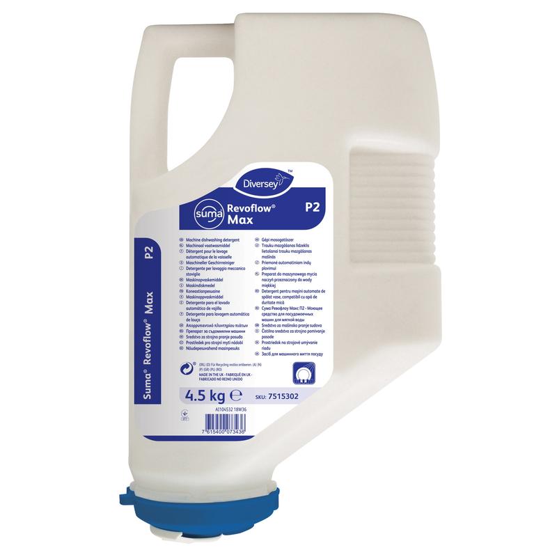 A 4.5 kg cartridge of Suma Revoflow Max P2 from Diversey Deutschland GmbH & Co. OHG, a chlorine-free cleaner for soft to medium-hard water, with product information and instructions in multiple languages on the label.