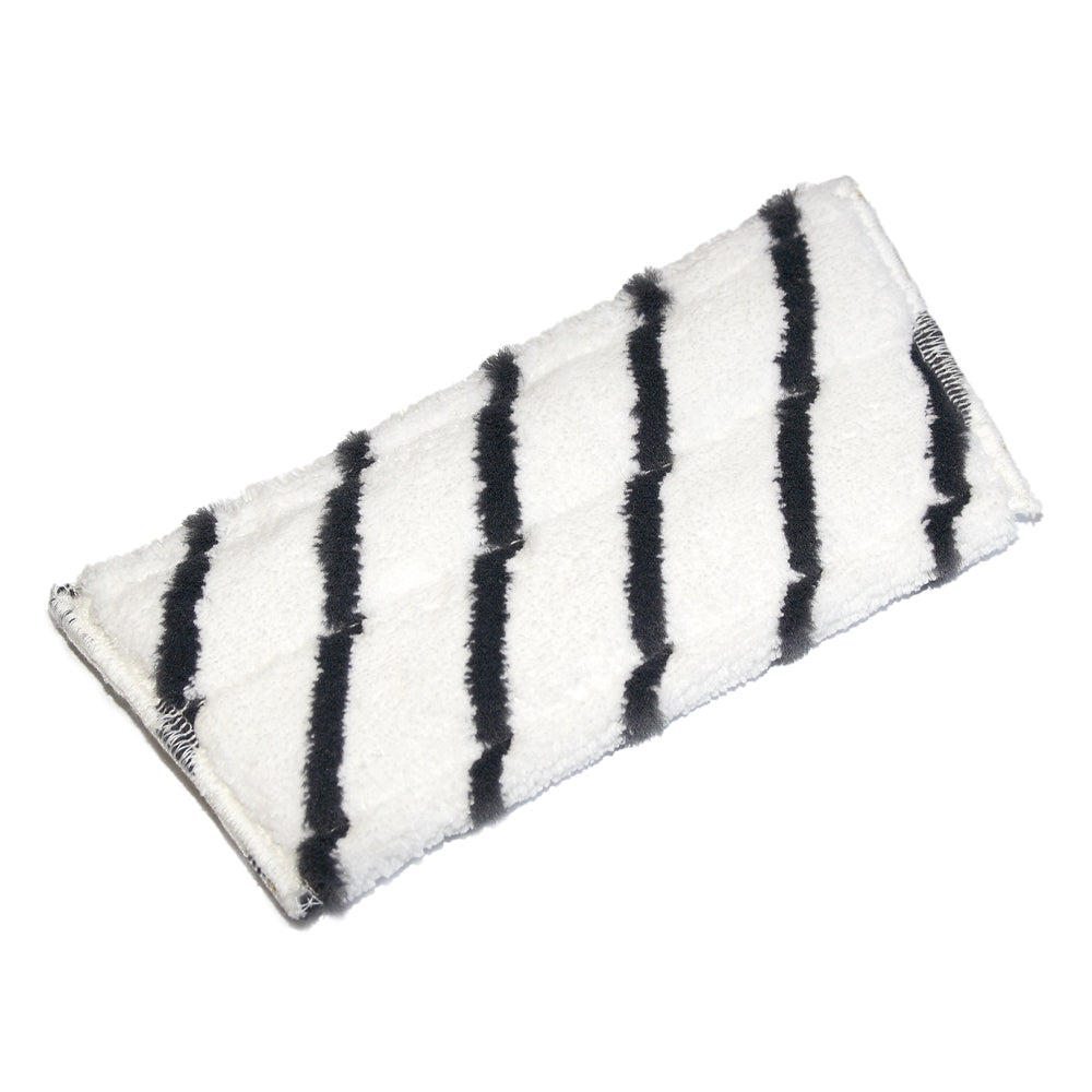 The TASKI Jonmaster Pro scrubbing mop from Diversey Deutschland GmbH & Co. OHG is a rectangular white microfiber pad with five black stripes and is displayed against a plain white background.