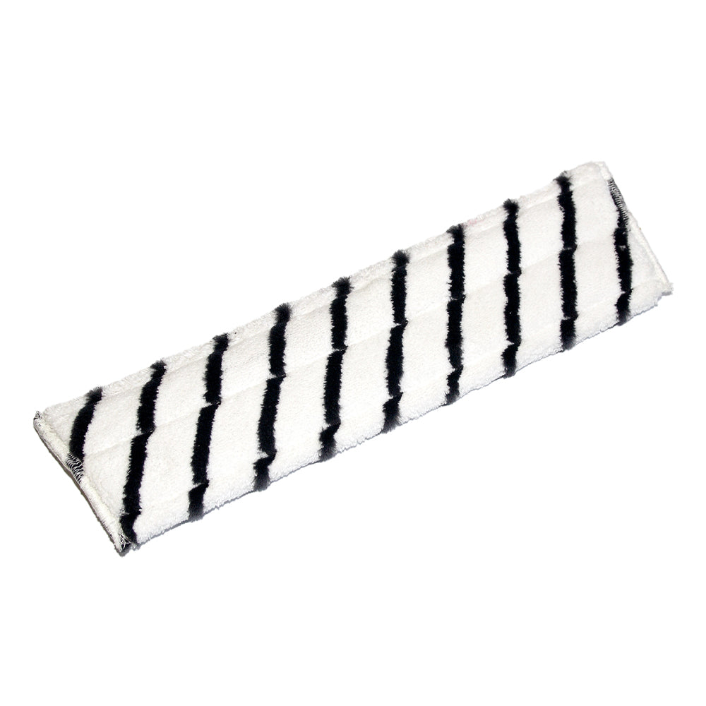 The TASKI Jonmaster Pro scrubbing mop from Diversey Deutschland GmbH & Co. OHG is a rectangular white microfiber pad with diagonal black stripes, designed for efficient and thorough cleaning.