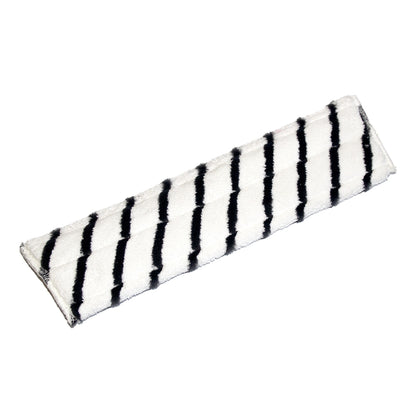 The TASKI Jonmaster Pro scrubbing mop from Diversey Deutschland GmbH & Co. OHG is a rectangular white microfiber pad with diagonal black stripes, designed for efficient and thorough cleaning.
