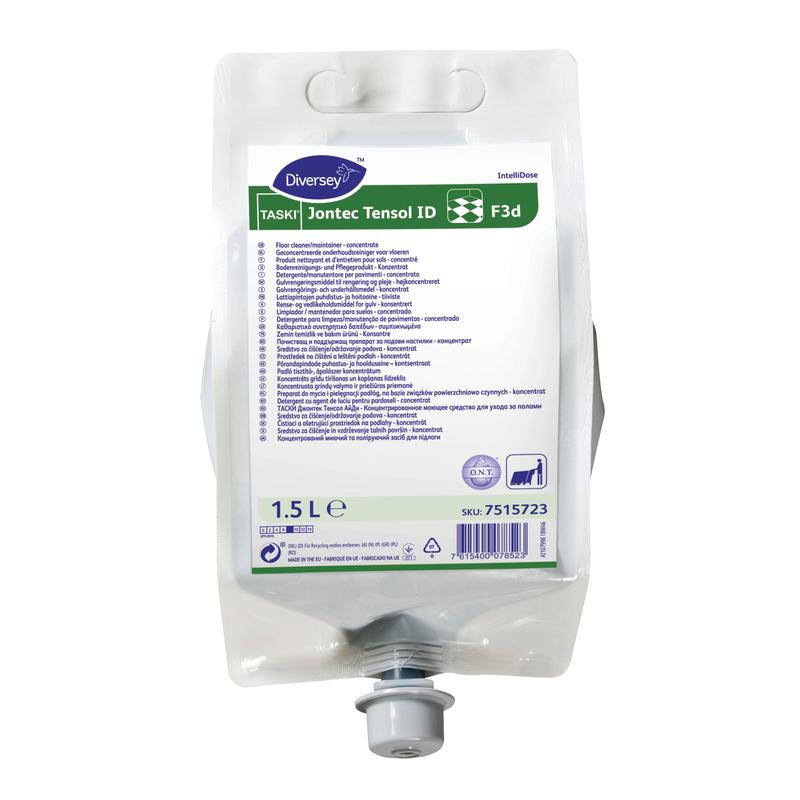 A 1.5-liter plastic bag of TASKI Jontec Tensol high-concentrate cleaner from Diversey Deutschland GmbH & Co. OHG for surface cleaning, with a detailed label with application instructions and symbols for professional use.