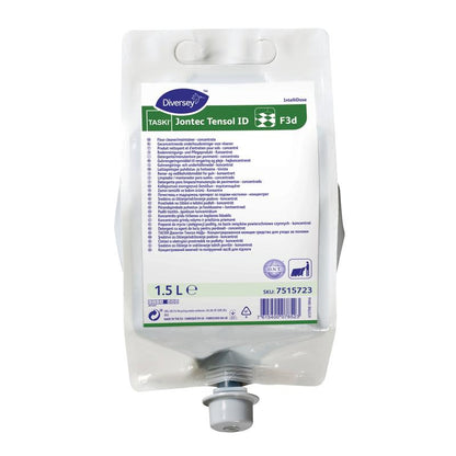 A 1.5-liter plastic bag of TASKI Jontec Tensol high-concentrate cleaner from Diversey Deutschland GmbH & Co. OHG for surface cleaning, with a detailed label with application instructions and symbols for professional use.