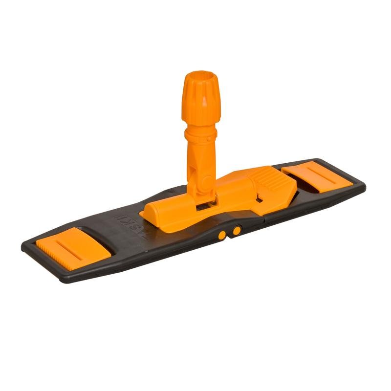 The TASKI MicroEasy Mop Frame, Foldable Holder Pocket/Flap 40 cm by Diversey Deutschland GmbH & Co. OHG is a black-orange plastic foldable holder with a swivel attachment, designed for efficient floor cleaning with flat mops.