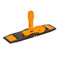 The TASKI MicroEasy Mop Frame, Foldable Holder Pocket/Flap 40 cm by Diversey Deutschland GmbH & Co. OHG is a black-orange plastic foldable holder with a swivel attachment, designed for efficient floor cleaning with flat mops.
