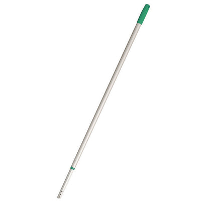 The TASKI MicroEasy telescopic handle made of aluminum from Diversey Deutschland GmbH & Co. OHG is a long, silver handle with a green grip and small holes at one end, pictured against a white background.