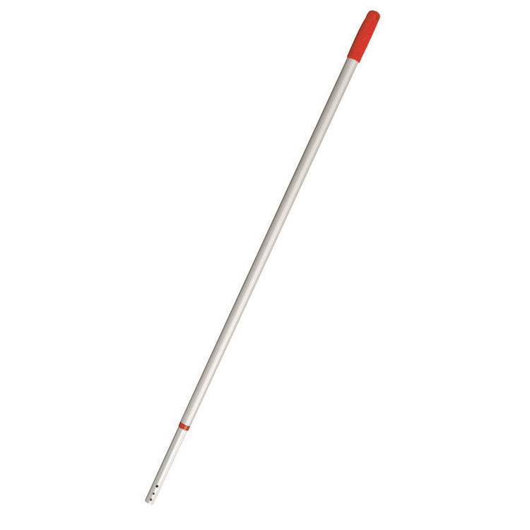 The TASKI MicroEasy telescopic handle made of aluminum from Diversey Deutschland GmbH & Co. OHG features a red grip and mounting holes, making it ideal for the TASKI MicroEasy cleaning tools.