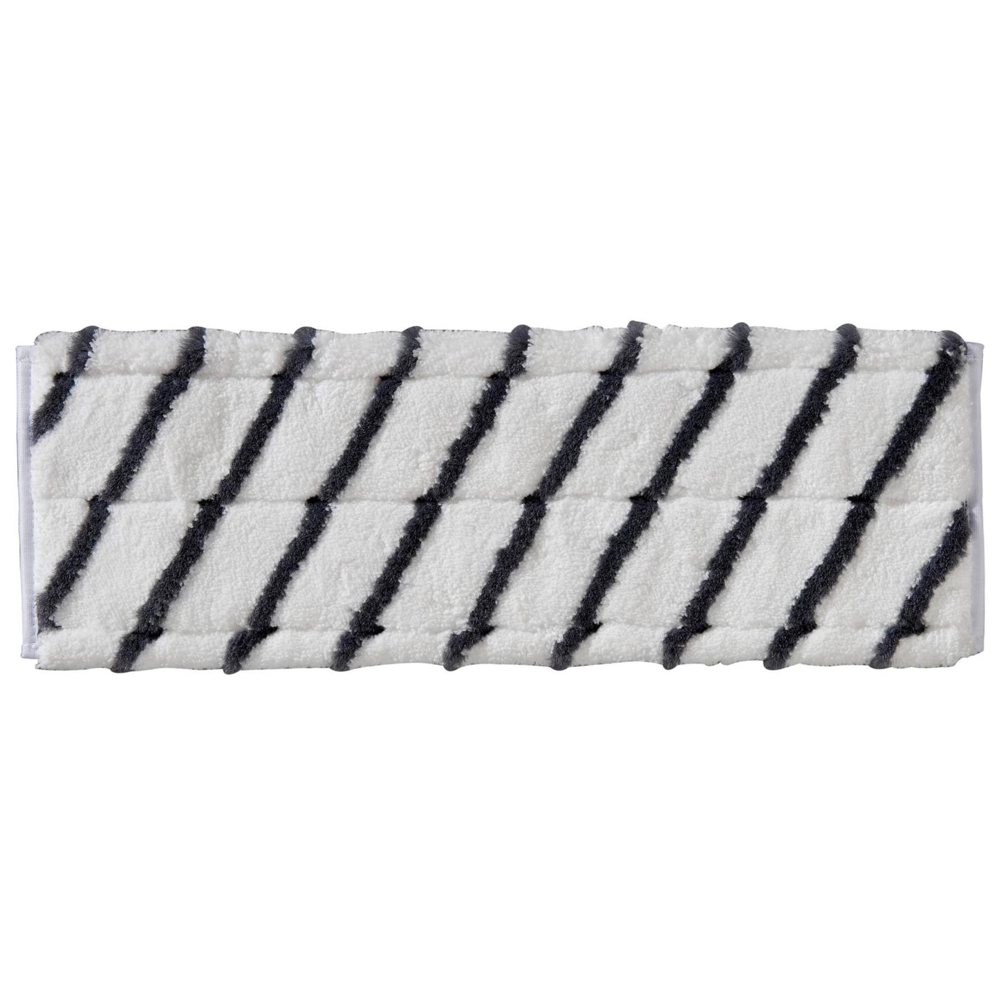 The TASKI MicroEasy Scouring Mop from Diversey Deutschland GmbH & Co. OHG is a rectangular white pad with diagonal black stripes, ideal for cleaning tiles and removing stubborn dirt. Box with 5 packs.