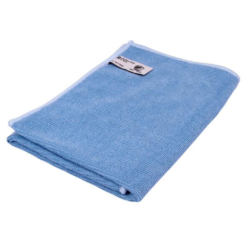 A neatly folded TASKI Jonmaster Ultra Cloth cleaning cloth 32x32 cm from Diversey Deutschland GmbH & Co. OHG, in light blue with a white-bordered edge and sewn-in label, on a white background - ideal for streak-free results.