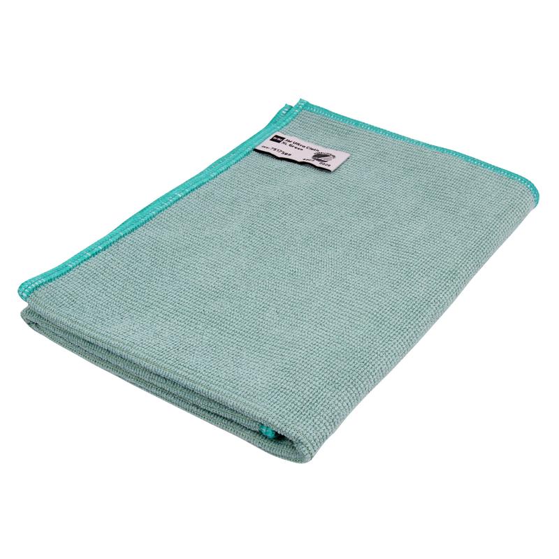 A folded light green TASKI Jonmaster Ultra Cloth cleaning cloth 32x32 cm from Diversey Deutschland GmbH & Co. OHG, with turquoise edge stitching and a white corner label, on a plain white background for streak-free results.