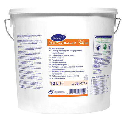 A white 10-liter plastic bucket with a handle labeled "Soft Care Reinol K Handwash Paste" by Diversey Deutschland GmbH & Co. OHG. The multilingual label is designed for stubborn dirt and features an orange "H8" symbol along with product details.