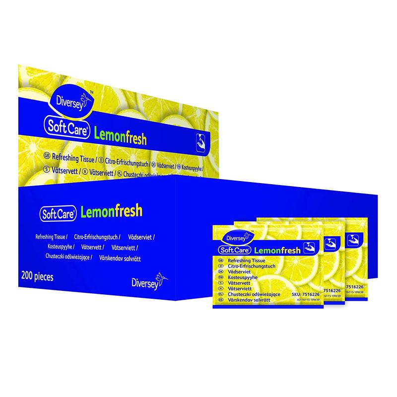 A blue-yellow box from Diversey Deutschland GmbH & Co. OHG with the label "Soft Care Lemon Fresh - Refreshing Wipe" contains 200 individually wrapped hand cleaning wipes. On the front of the box, three yellow, lemon-scented packets are depicted.