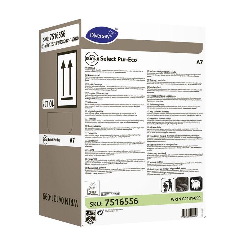 A carton of Suma Select Pur-Eco A7 Rinse Aid from Diversey Deutschland GmbH & Co. OHG features product information, instructions, barcode, recycling symbol, and a 10-liter volume indicator on the packaging for effective cleaning.