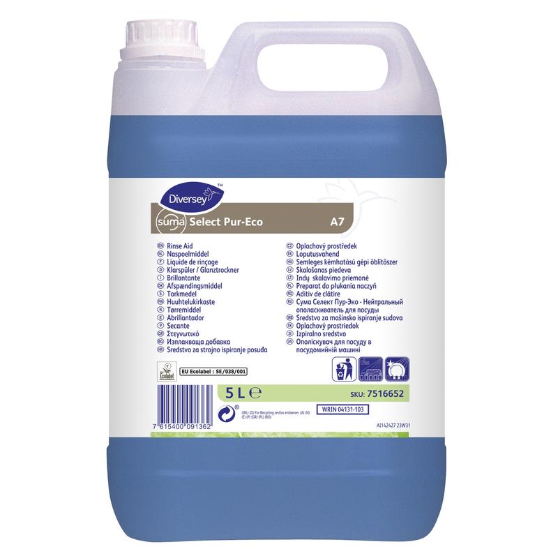 A 5-liter plastic container of Suma Select Pur-Eco A7 Rinse Aid from Diversey Deutschland GmbH & Co. OHG with a multilingual white label and blue liquid inside ensures environmentally friendly cleaning and quick drying.