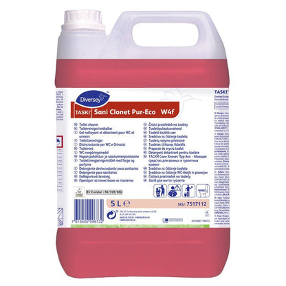 A 5-liter container of TASKI Sani Clonet Pur-Eco toilet cleaner from Diversey Deutschland GmbH & Co. OHG features a multilingual white label and a red liquid, and its environmentally friendly formula ensures hygienic cleanliness.