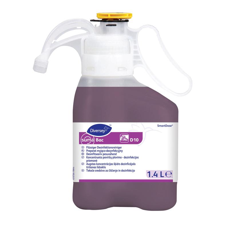 A 1.4-liter bottle of Diversey Suma Bac D10 SD disinfectant cleaner in the SmartDose system by Diversey Deutschland GmbH & Co. OHG for professional cleaning.