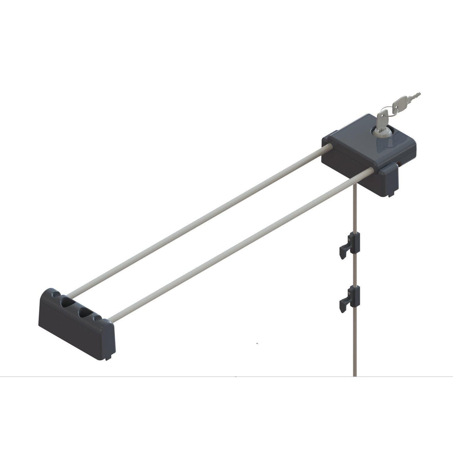 The TASKI locking system from Diversey Deutschland GmbH & Co. OHG is a security cable lock with two rods, a key lock, and adjustable clips for lockable cleaning trolleys, all operable with one handle and depicted on a white background (1 piece package).