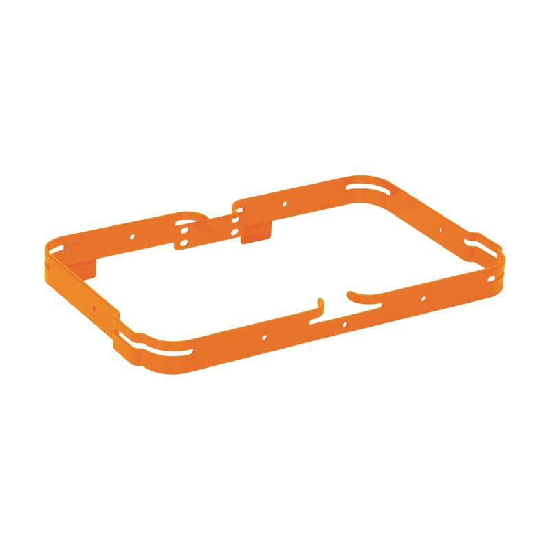 The orange, rectangular metal frame with rounded corners and side holes, the TASKI cloth box holster from Diversey Deutschland GmbH & Co. OHG suitable for 7- or 12-liter cloth boxes (7517242, 7517299), laundry bags (7517286/87) or garbage bags.