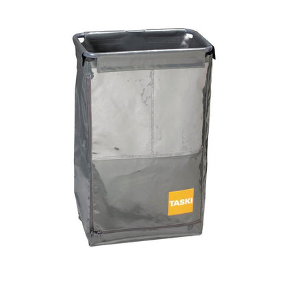 The TASKI oversack for garbage bags from Diversey Deutschland GmbH & Co. OHG is a large, rectangular gray laundry cart with a front zipper, yellow "TASKI" label, and open side handles for hygienic waste disposal.