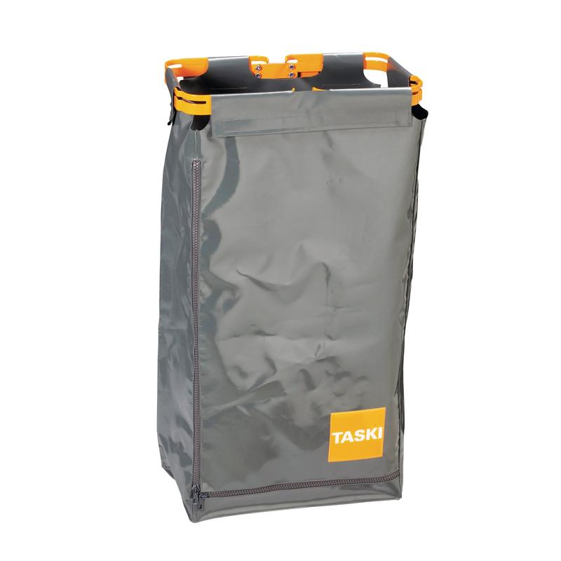 The TASKI oversack for garbage bags from Diversey Deutschland GmbH & Co. OHG is a gray, rectangular bag with a side zipper, orange carrying handles, and the word "TASKI" on a yellow square - ideal for hygienic waste disposal.