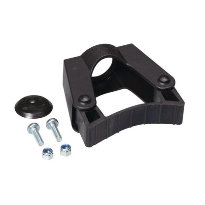 The TASKI Toolflex handle holder from Diversey Deutschland GmbH & Co. OHG is a black plastic mounting bracket with a round upper hole, shown with two screws, two nuts, and a black cap with three holes on a white background.