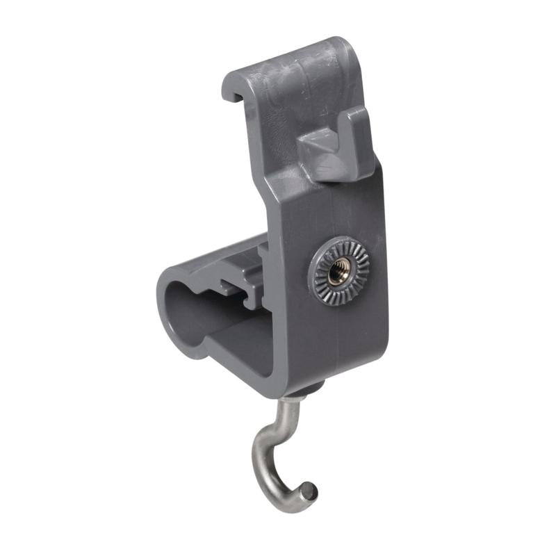 The TASKI accessory holder from Diversey Deutschland GmbH & Co. OHG is a gray hook attachment made of plastic and metal with a fastening slot and a central metal screw, designed for connecting or hanging items to organize cleaning utensils.