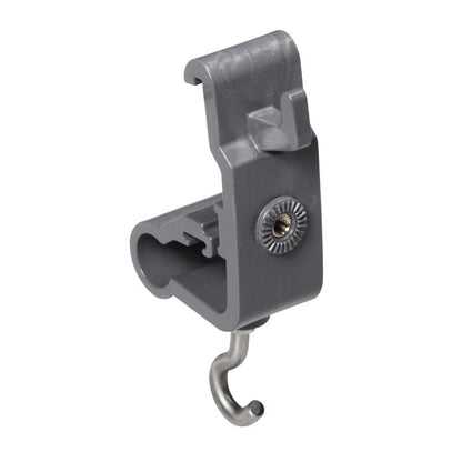 The TASKI accessory holder from Diversey Deutschland GmbH & Co. OHG is a gray hook attachment made of plastic and metal with a fastening slot and a central metal screw, designed for connecting or hanging items to organize cleaning utensils.