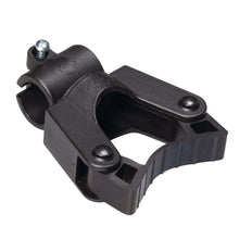 The TASKI handle holder for pipe fastening (20 mm) by Diversey Deutschland GmbH & Co. OHG is a black plastic clamp with a textured grip, rounded hinge, and metal pin - ideal for manual pipe fastening (package: 1 piece).