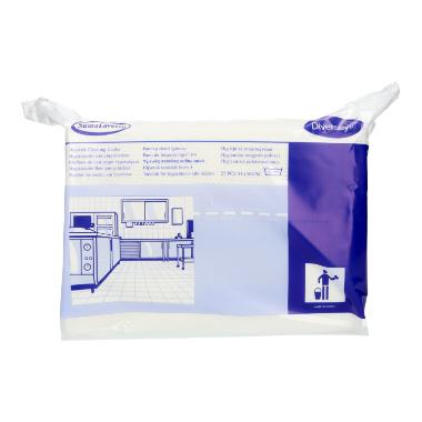 A pack of Suma Lavette kitchen hygiene cloth with germ stop from Diversey Deutschland GmbH & Co. OHG features a blue-white design, a kitchen illustration, branding, hygiene benefits, and disposal instructions on the front.